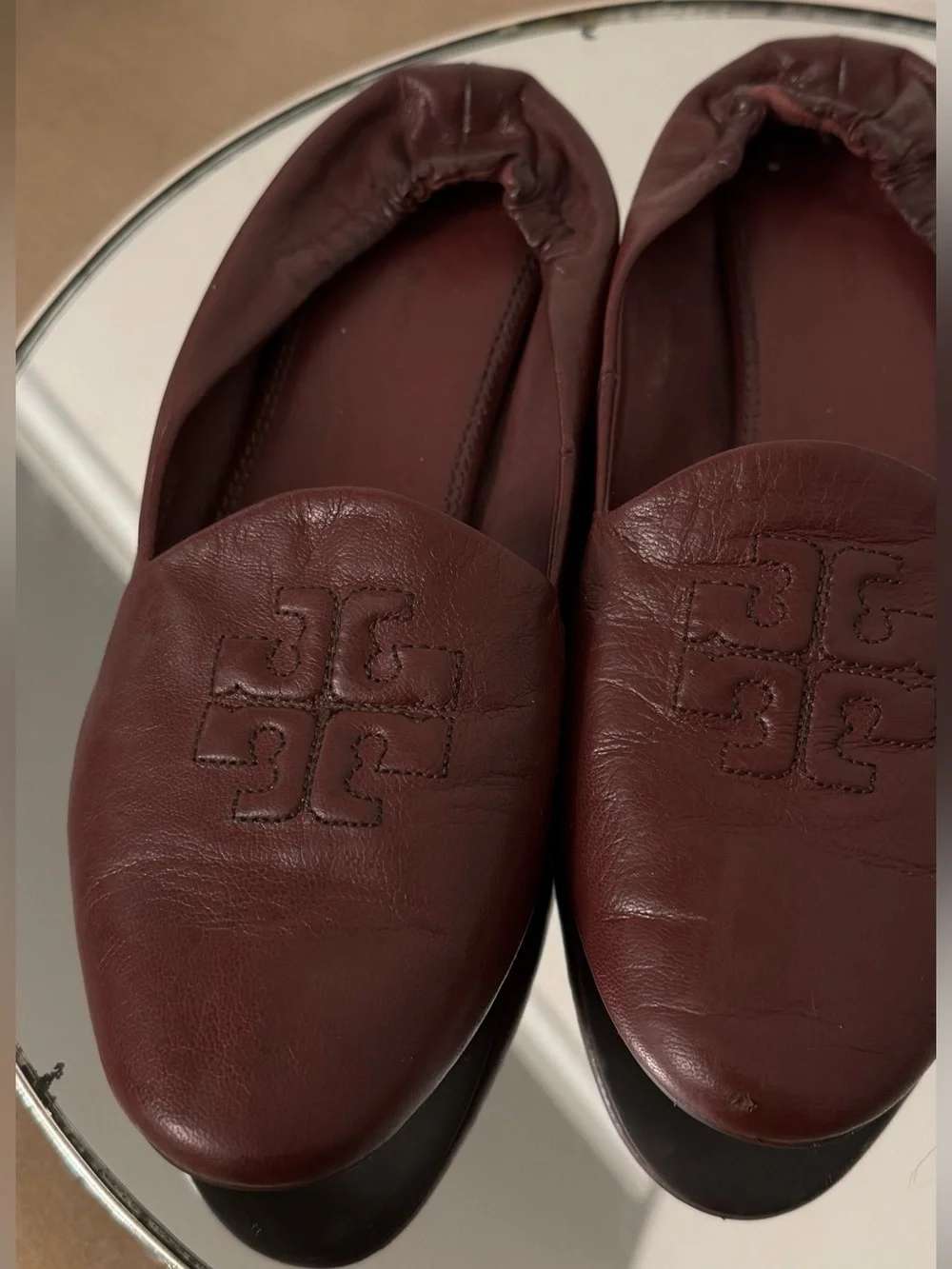 Tory Burch Burgundy Leather Logo Ballet Flats
